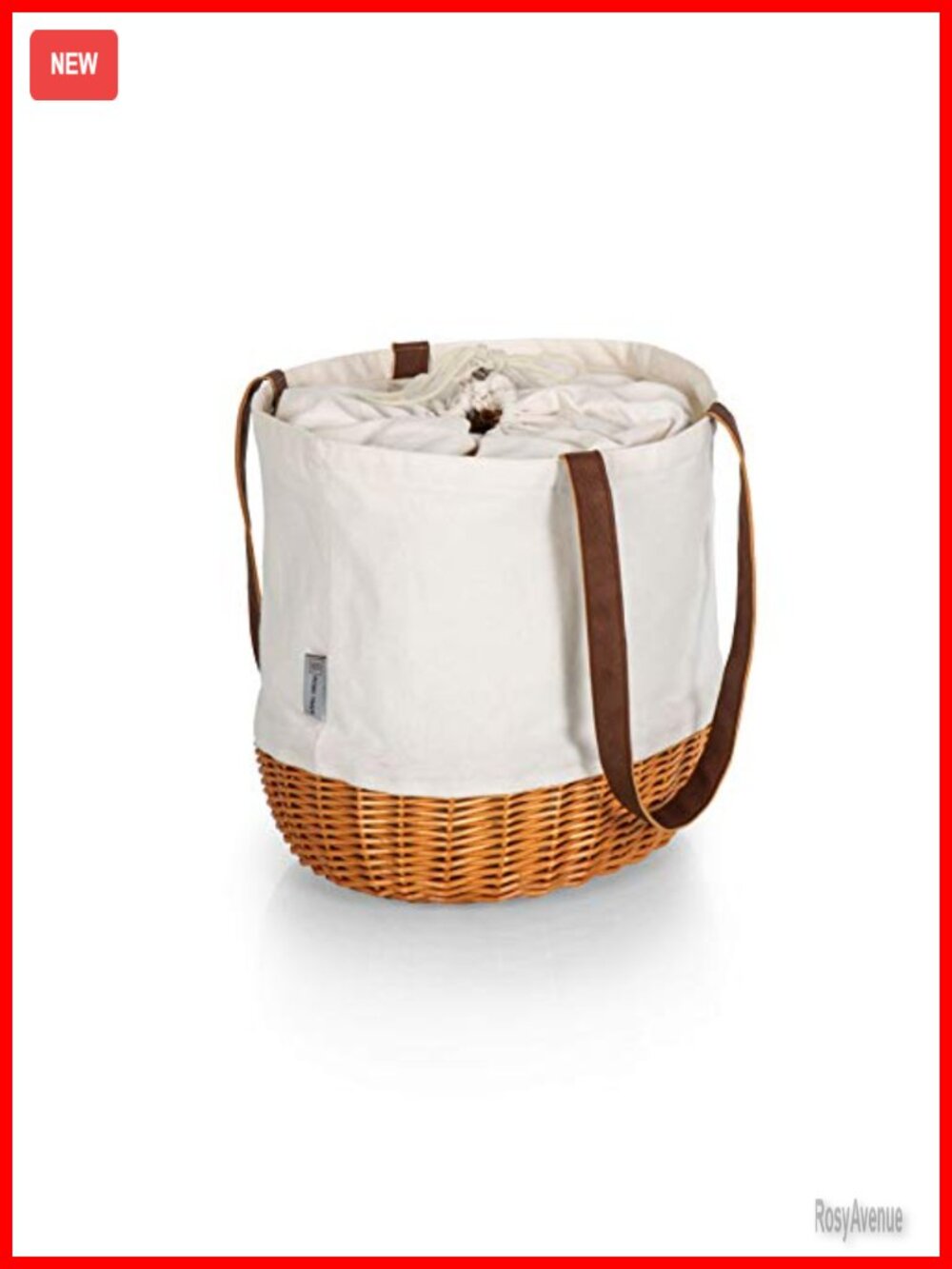 Canvas and Willow Basket Tote with Drawstring Closure and Lined Interior